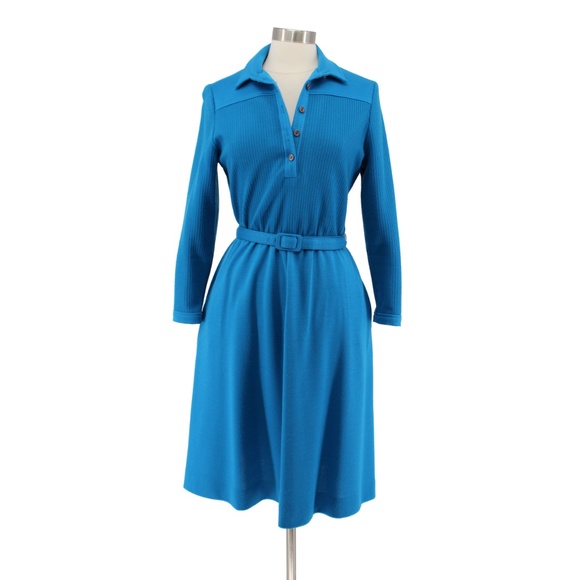 Vintage Dresses & Skirts - Vintage 70s Blue Ponte Knit Ribbed Belted Dress